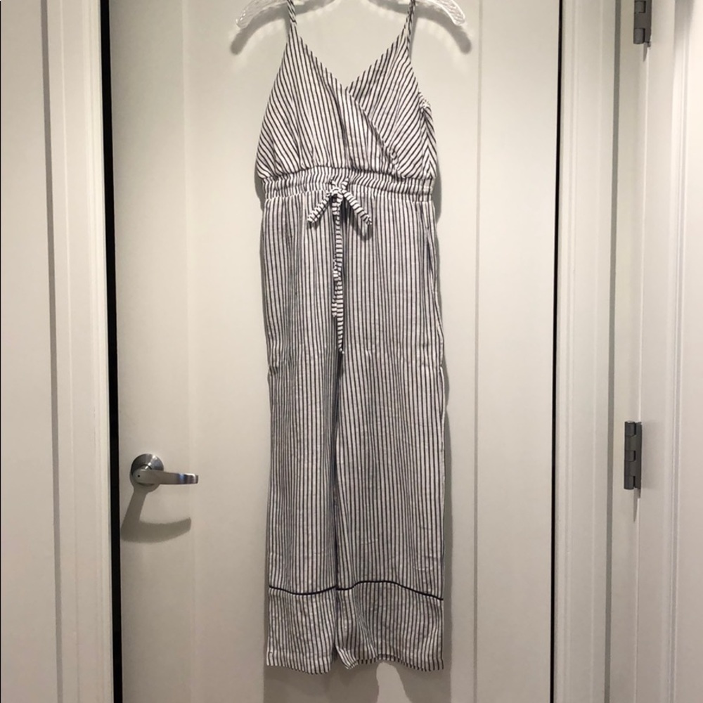 Olivaceous blue & white striped romper/jumpsuit